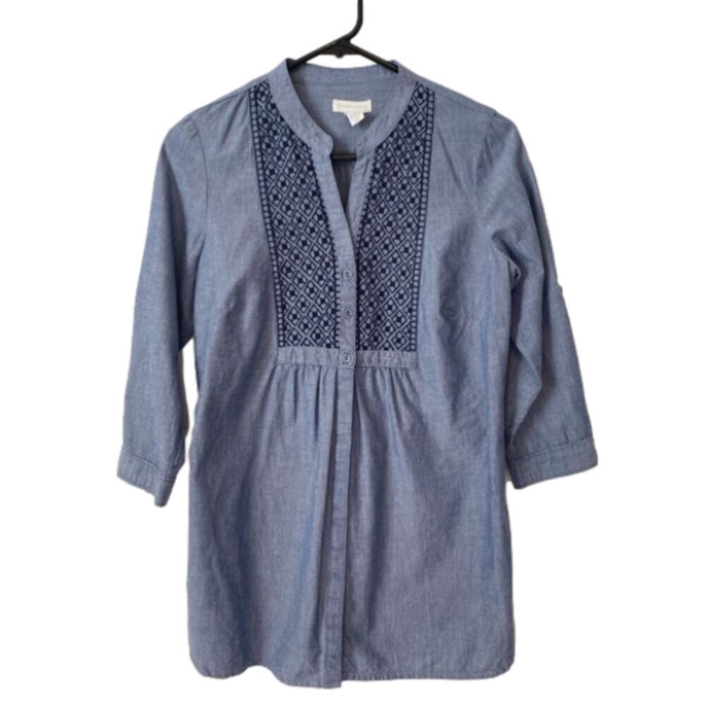 Charter Club Women's Embroidered Chambray Roll Tab Smocked Tunic Size 4 Boho